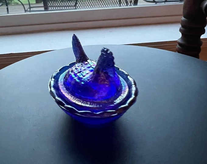 Vintage Cobalt Blue Rooster Covered Dish Nesting Glass Bird Covered Candy Dish Hand Pressed Figurines Lover Antiques