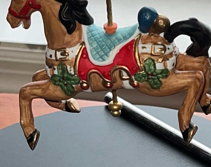Vintage Porcelain Carousel Brown with Red Seat Jewels Horse Ornament Christmas Gift Holiday Ornaments Lover Antiques and Vintage