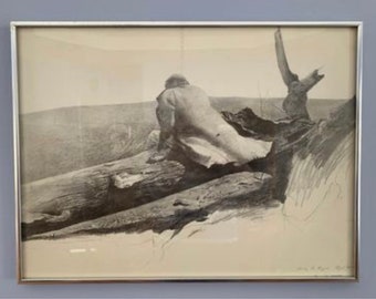 Andrew Wyeth Black and White Pencil Sketch Print Titled "Study For April Wind" Created this in 1952 Lover Antiques and Vintage
