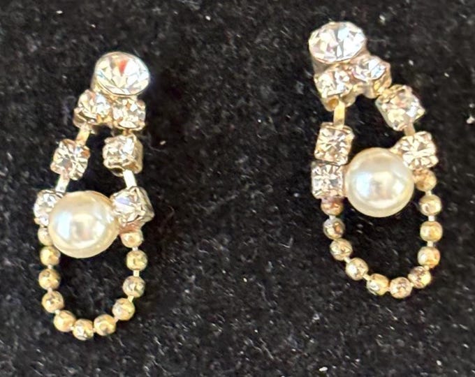 Vintage Silver Rhinestone Pearl Earrings Elegant Teardrop Dangle Jewelry Gift