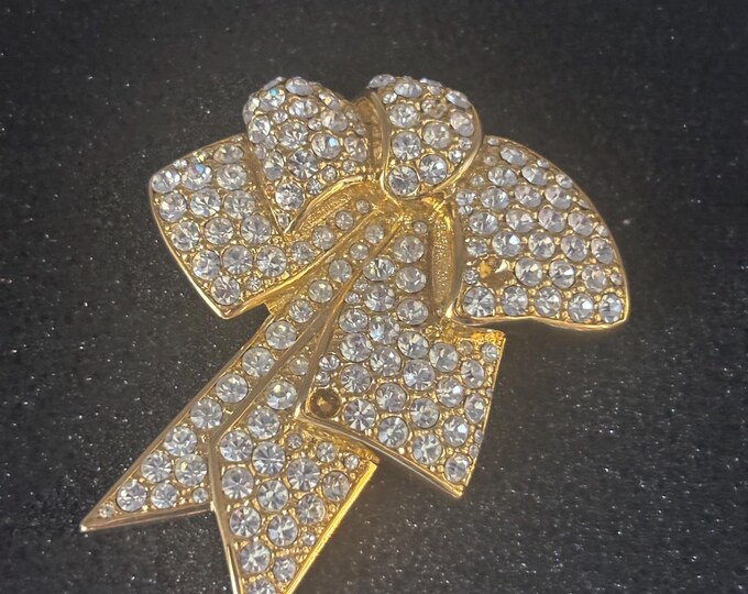 Vintage Nolan Miller Gold Tone Rhinestone Bow Brooch Pin Lover Antiques and Vintage