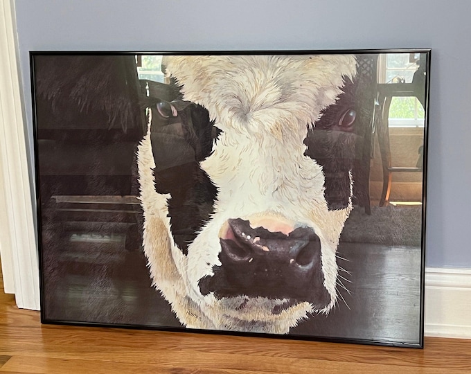 Vintage Framed Holstein Cow Print: Signed Farmhouse Artwork