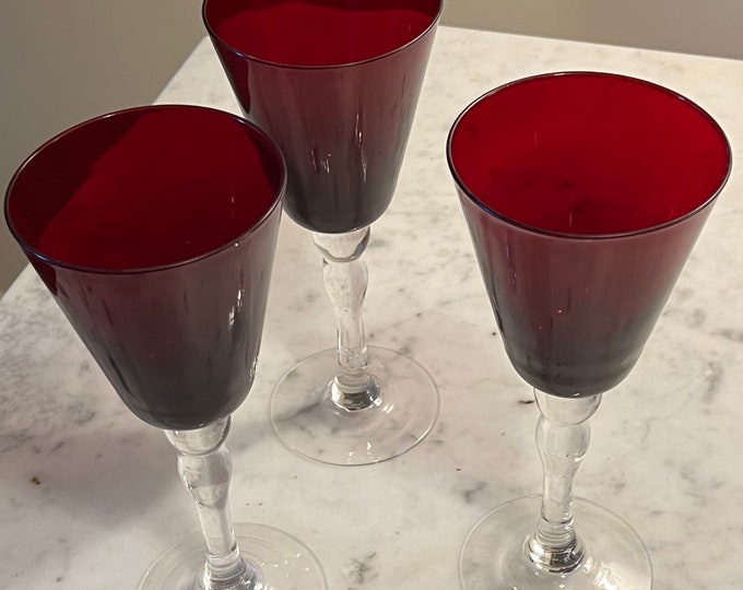 Ruby Red Wine Glasses Set of 3 Mid Century Modern Glass Art Lover Antiques and Vintage