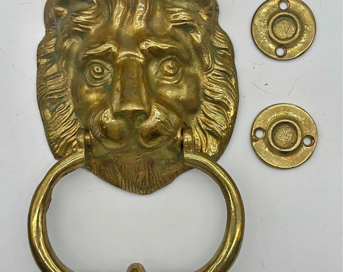 Vintage English Georgian Style Brass Gold Lion Door Knocker with Hardware