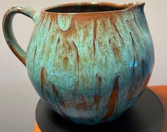 Vintage Hand Dripped Glazed Pottery Pitcher with Handle Green & Brown Rust Lover Antiques