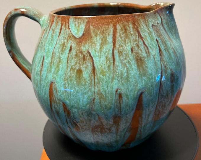 Vintage Hand Dripped Glazed Pottery Pitcher with Handle Green & Brown Rust Lover Antiques