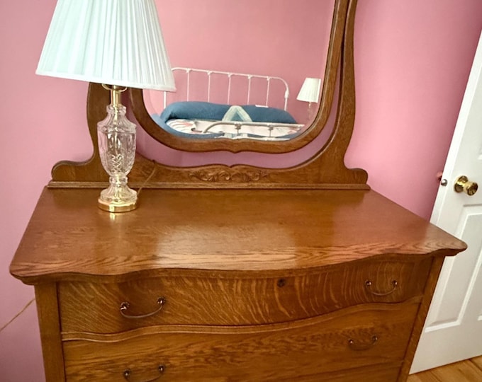 Antique Tiger Early American Oak Dresser with Serpentine Drawer, Harp Mounted Mirror & Original Hardware, Lover Antiques and Vintage