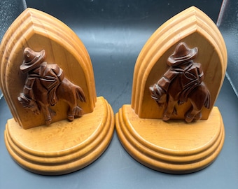 Vintage Blecher Hand Carved Horse and Cowboy Maple Wood Matching Bookends Lover Antiques and Vintage
