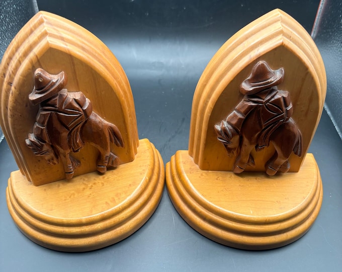 Vintage Blecher Hand Carved Horse and Cowboy Maple Wood Matching Bookends Lover Antiques and Vintage
