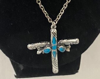 Vintage Turquoise & Silver Cross Necklace Carved Navajo Jewelry Unique Gifts at Lover Antiques and Vintage