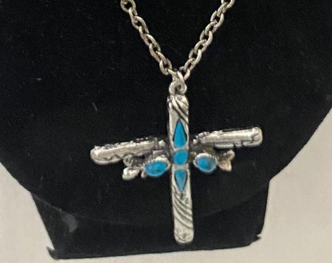 Vintage Turquoise & Silver Cross Necklace Carved Navajo Jewelry Unique Gifts at Lover Antiques and Vintage