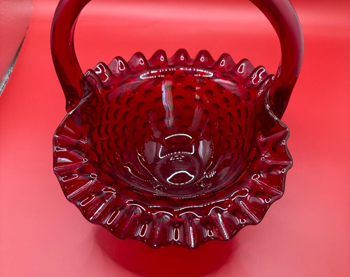 Vintage Fenton Ruby Red Hobnail Fluted Glass Basket with Handle Great Gifts at Lover Antiques and Vintage