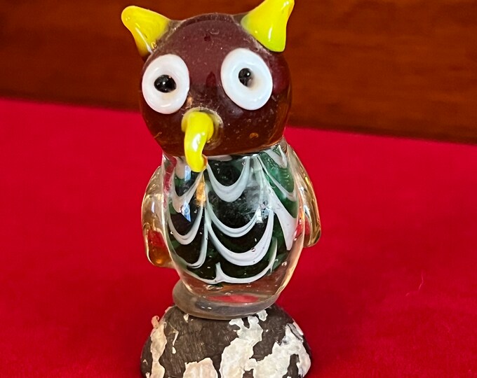 Vintage Colorful Glass Owl Figurine, Owl Statue on Base, Lover Antiques and Vintage