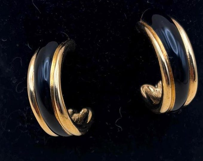 Vintage Monet Gold & Black Hoop Earrings Lover Antiques and Vintage