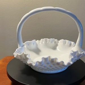 Vintage Fenton Milk Glass Hobnail Basket: Ruffled White Decor
