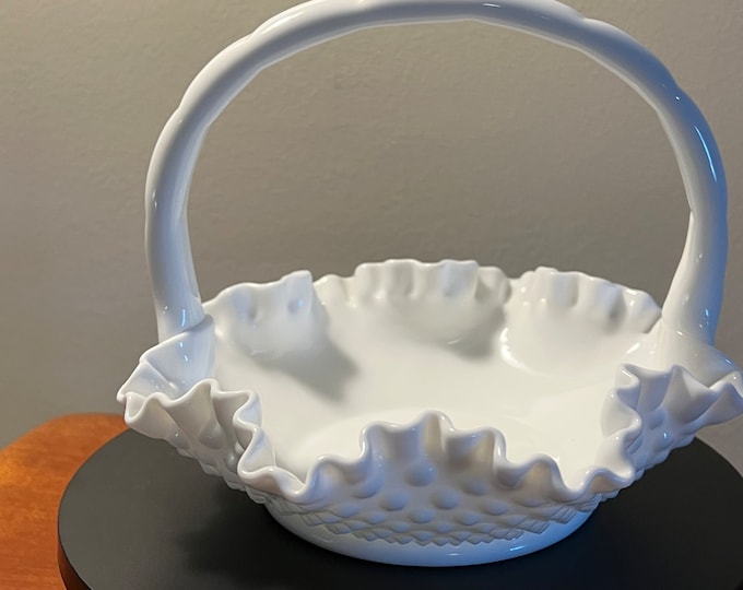 Vintage Fenton Milk Glass Hobnail Ruffled Hobnail Basket Large White Home Decor Glass Art Lover Antiques and Vintage