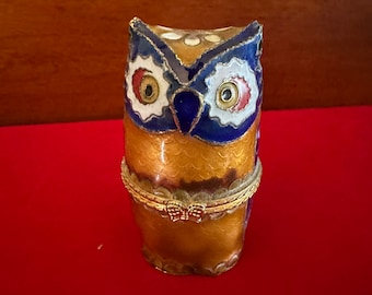 Vintage Cloisonné Enamel Owl Statue with Brass Base, Colorful Enameled Cobalt Blue Owl Figurine, Lover Antiques and Vintage