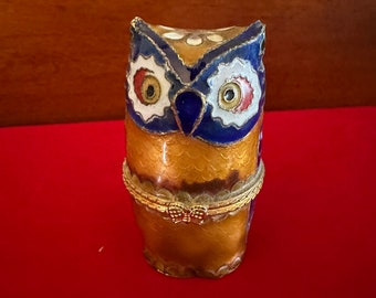 Vintage Cloisonné Enamel Owl Trinket Box: Cobalt Blue Figurine