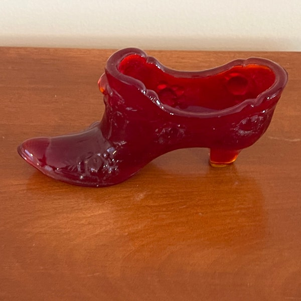 Fenton Ruby Red Amberina Glass Shoe Slipper Boot with Roses Excellent Condition