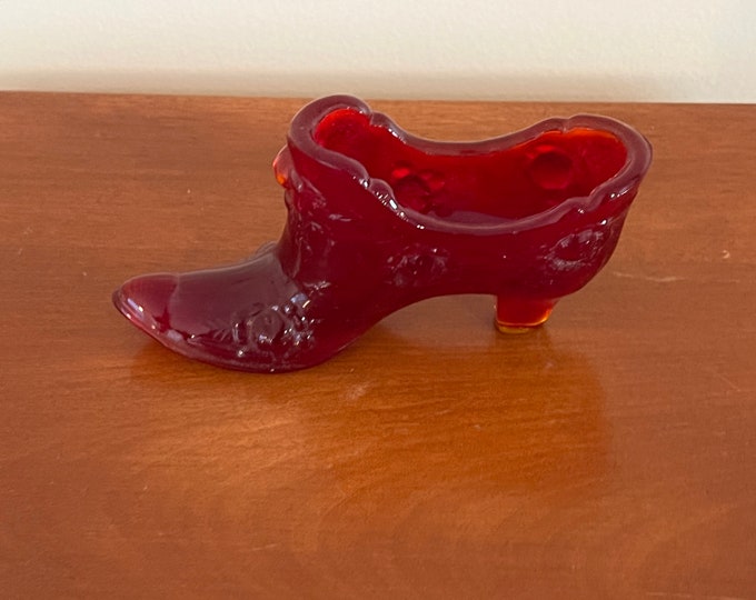 Fenton Ruby Red Amberina Glass Shoe Slipper Boot with Roses Excellent Condition