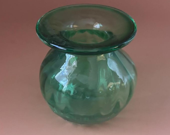 Indiana Glass Translucent Green Vase, Flared Wide Rim Hand Blown Swirl Optic