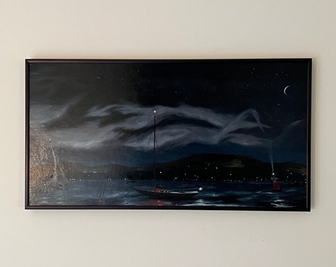 Vintage Boat at Night Hand Painted Painting signed by Artist Robert P. Schweitzer Mid Century Modern Artwork