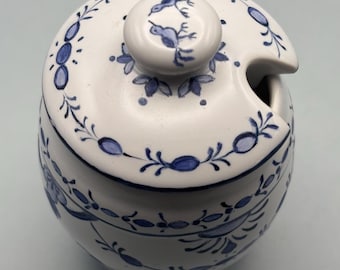Vintage Royal Blue Delft Covered Sugar Bowl Signed CJ Lover Antiques and Vintage