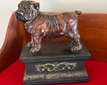 Vintage Brown Bulldog Statue with Fleur de Lis Base
