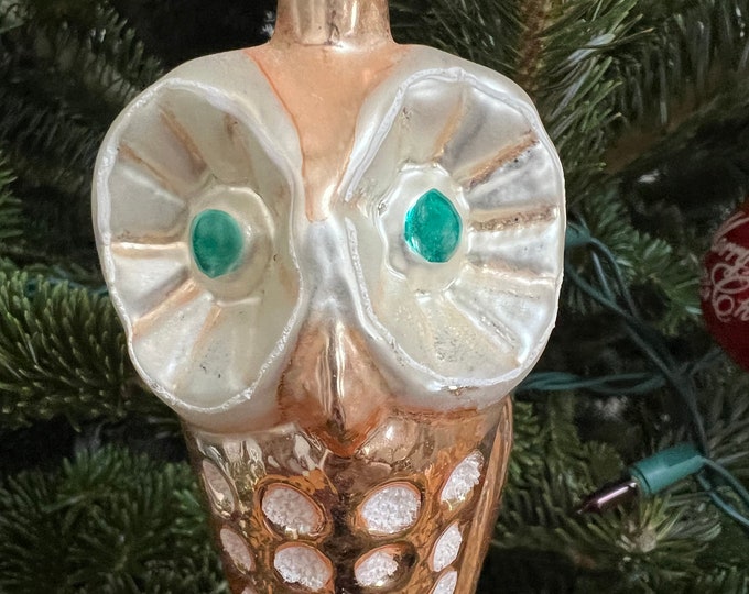 Vintage Owl with Green Eyes Ornament, Big Owl Big Eyes, made in Germany, Hand Blown Glass Christmas Holiday Retired Ornaments Lover Antiques