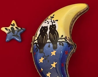 Vintage Limoges Porcelain Trinket Box: Moon with Owls & Star