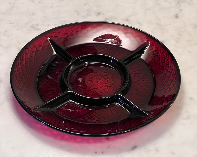 Vintage Ruby Red Pressed Glass Divided Plate Server 8” Art Glass Plate Appetizer Tray Lover Antiques and Vintage
