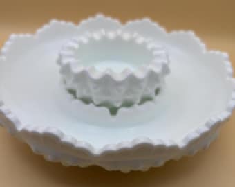 Vintage Fenton Milk Glass Hobnail Appetizer Dish Tray Ruffled Chip Dip Tray Large White Home Decor Glass Art Lover Antiques and Vintage