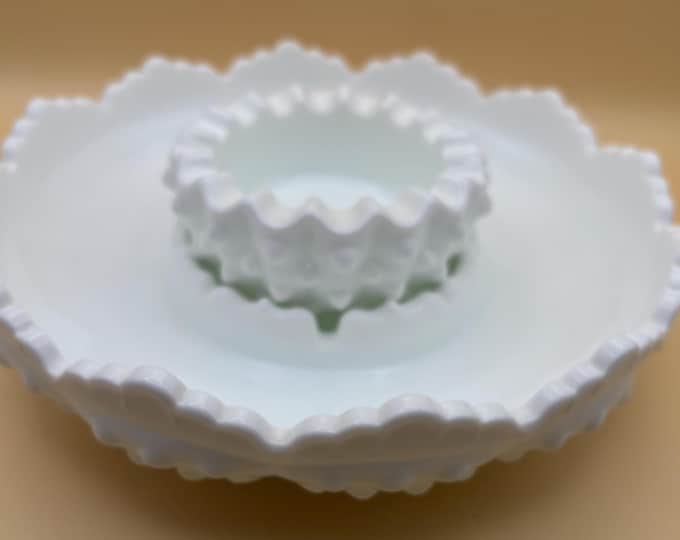 Vintage Fenton Milk Glass Hobnail Appetizer Dish Tray Ruffled Chip Dip Tray Large White Home Decor Glass Art Lover Antiques and Vintage