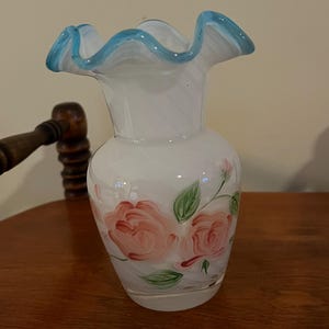 Vintage Fenton Vase Hand Painted with Roses and Ruffled Top Pretty Home Decor Lover Antiques and Vintage