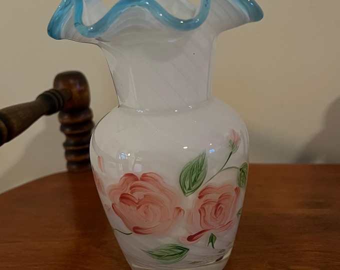 Vintage Fenton Vase Hand Painted with Roses and Ruffled Top Pretty Home Decor Lover Antiques and Vintage