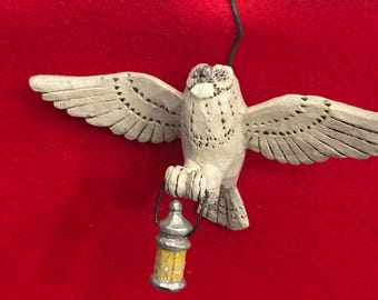 Pam Schifferl Early Hand Carved Owl with Lantern, Wings Spread Carrying a Lantern, Hand Painted Early Owl Carving