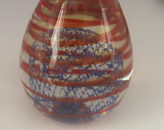 Vintage Murano Glass Paperweight Egg Blue Red Ribbons Italian Art Glass with Caged Bubbles
