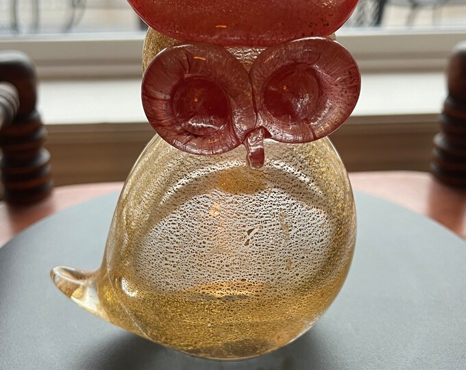Vintage Murano Glass Owl, 24K Gold Glass, Gold Owl Sculpture, Owl Figurine, Art Glass, Lover Antiques and Vintage