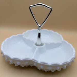 Vintage Fenton Milk Glass Hobnail 3 Divided Relish Dish with Handle Appetizer Dish Tray Lover Antiques and Vintage
