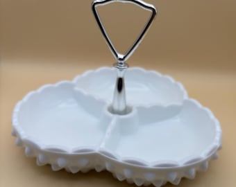 Vintage Fenton Milk Glass Hobnail 3 Divided Relish Dish with Handle Appetizer Dish Tray Lover Antiques and Vintage