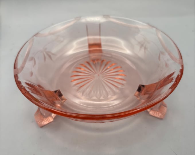 Pink Depression Glass Three Footed Candy Dish, Star Burst Dessert Bowl
