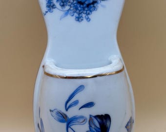 Vintage Blue Floral Porcelain Wall Pocket Vase