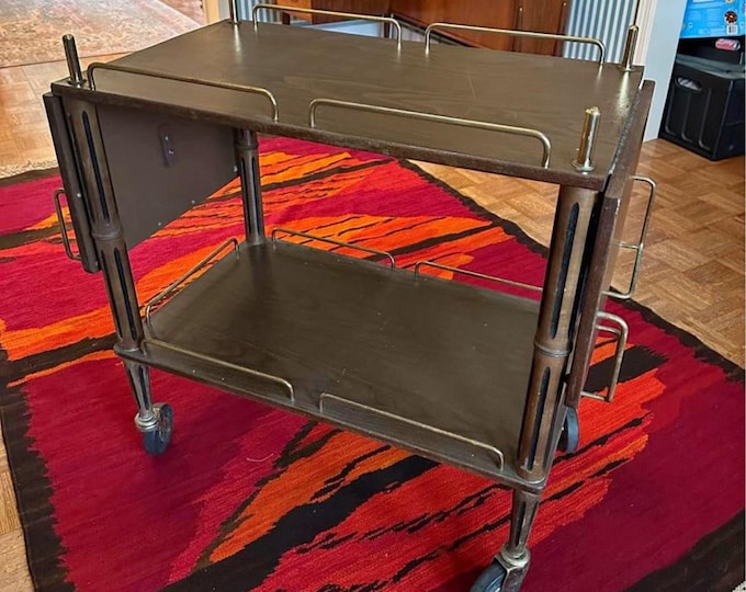 Vintage Mid Century Modern Drop Down Leaf Rolling Cart with Brass Trim Rolling Bar Cart Lover Antiques and Vintage