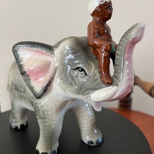 Vintage Ceramic Elephant Figurine: Trunk Up, Man Rider, Made in Japan