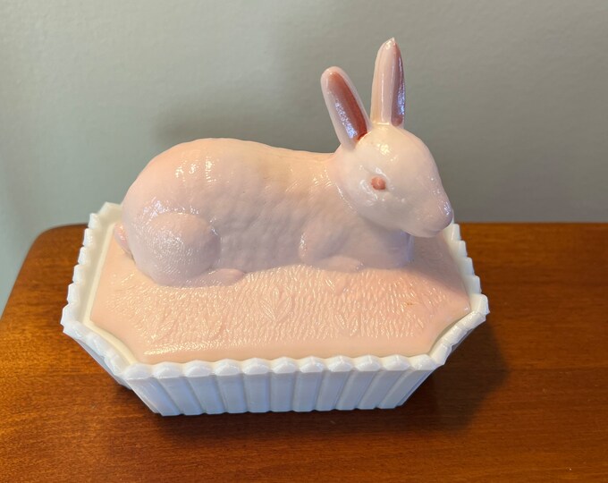 Vintage Westmoreland Hand Painted Pink Over White Milk Glass Nesting Bunny 2 Piece Trinket Box Dish Glass Art Lover Antiques and Vintage