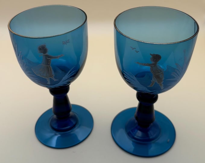 Vintage Blue Mary Gregory Wine Glasses Westmoreland Lover Antiques and Vintage