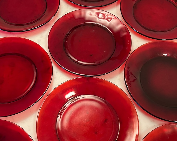 Vintage Ruby Red Set of 9 Lunch Plates, 7 3/4” Red Plates, Lover Antiques and Vintage