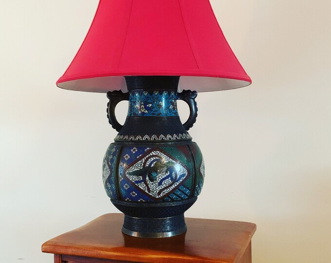 Antique Cloisonné Champlevé Bronze and Enamel Chinese Oriental Table Lamp