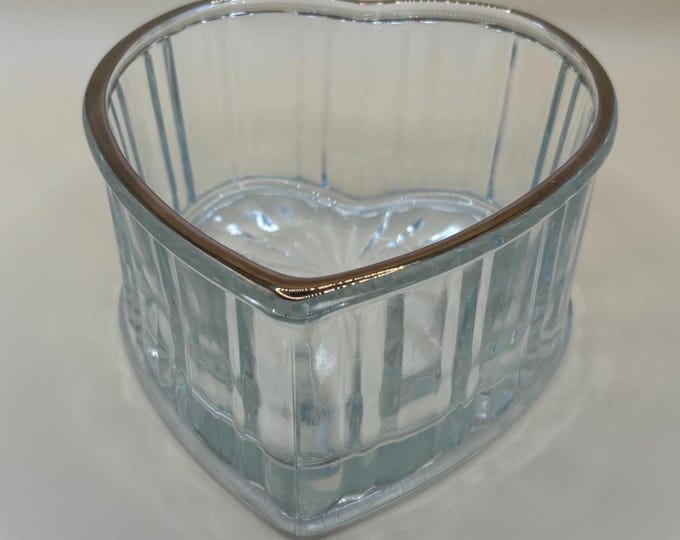 Vintage Glass Heart Shaped Dish with Gold Gilding Ribbed Clear Glass Trinket Dish Heart Bowl Lover Antiques and Vintage