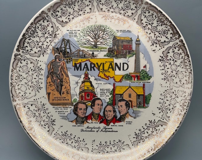 Mid Century Maryland Souvenir Collector Plate, Landmarks Figures, Lover Antiques and Vintage